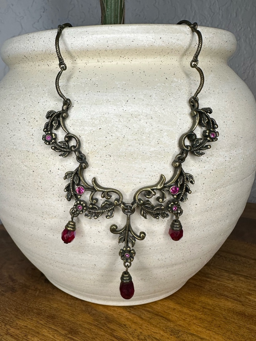 Y2K Avon Brass Filigree Necklace with Pink and Red Accents